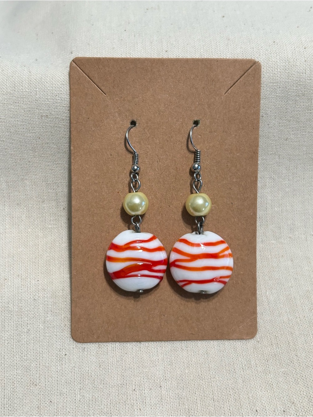 Orange and White Stripe Glass Disc Drop Earrings with Pearl Accent
